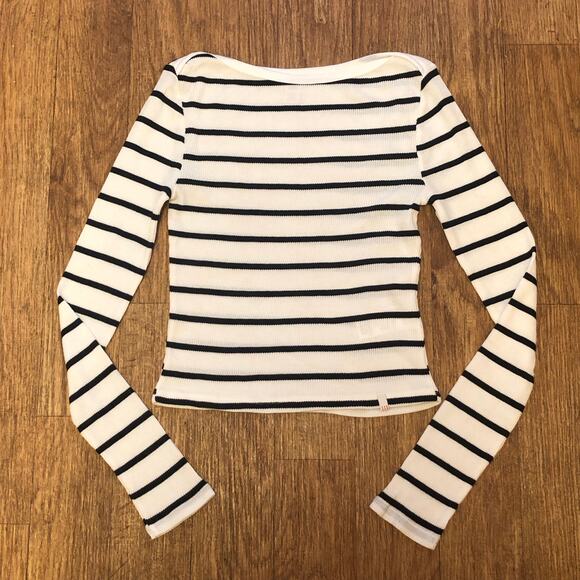 NWOT BDG Urban Outfitters Black White Willow Boatneck Long Sleeve Thermal Top - Picture 2 of 12